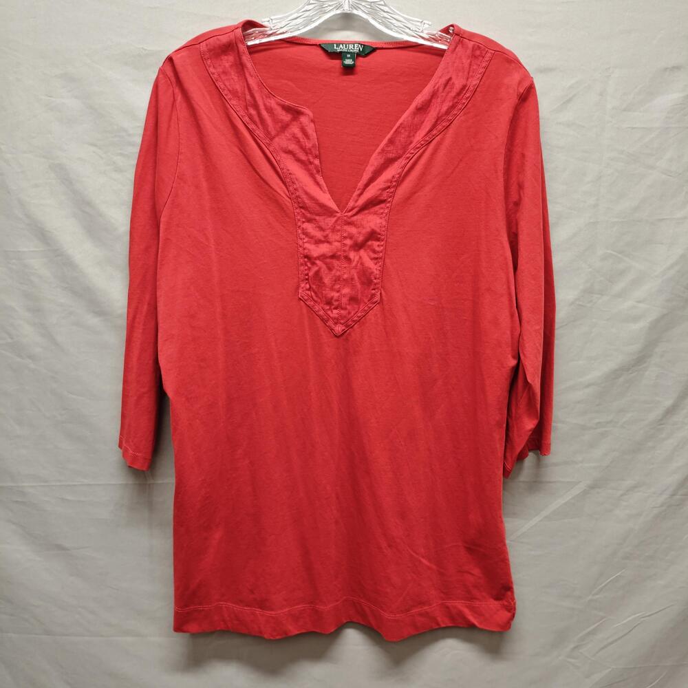 Lauren Ralph Lauren Shirt Womens 1X Red V Neck Tunic 3/4 Sleeve Casual